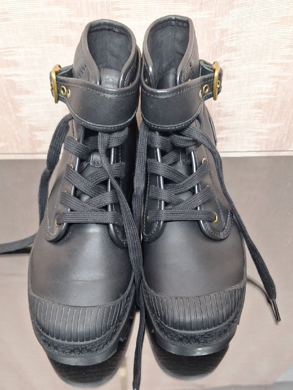 Coach Black Combat Moto Boots with Gold Buckle Size 8